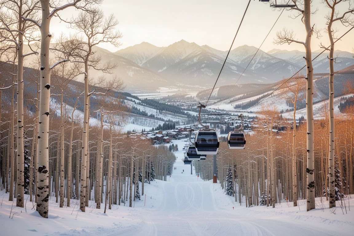 Steamboat-style Colorado ski resort with aspen glades and a gondola at golden hour