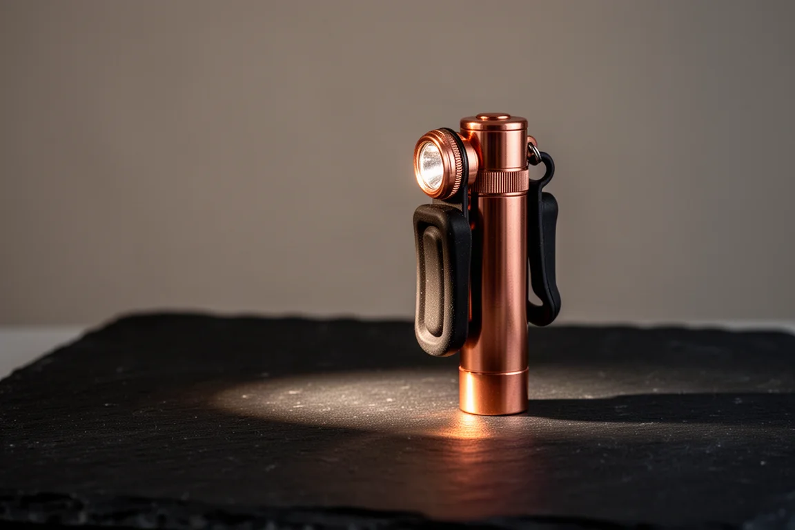 Une compacte torche cuivre à pince éclairant une surface sombre