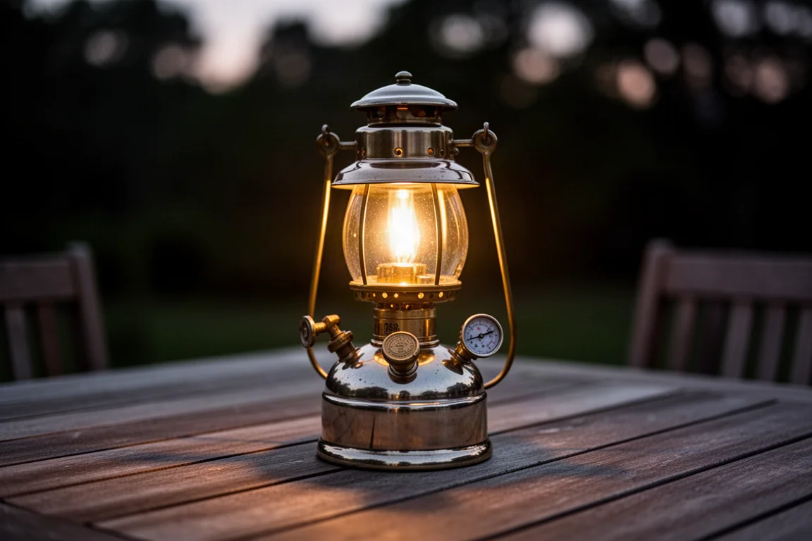 Une lampe à pression à pétrole allumée diffusant une lueur chaleureuse en soirée en extérieur