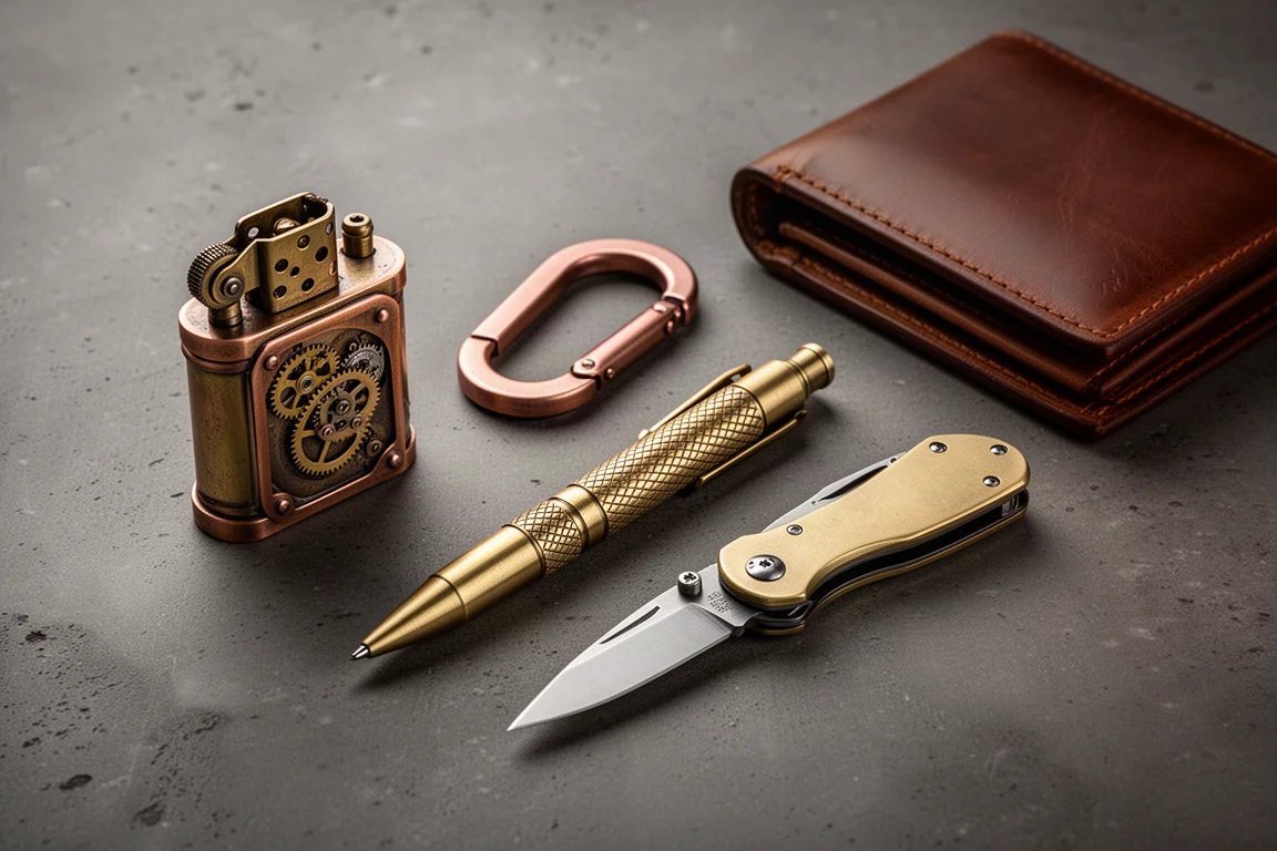 Steampunk-style brass and copper everyday carry items arranged on a dark concrete surface