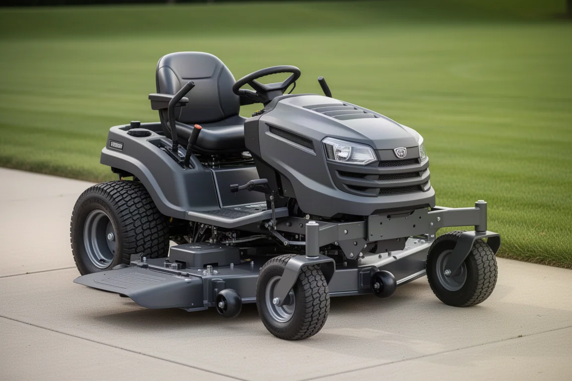 Dark-colored zero-turn riding mower parked on a driveway beside a lawn