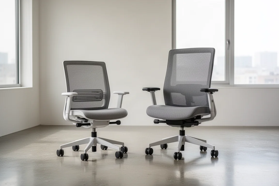 Two office chairs side by side in a modern workspace with soft natural light