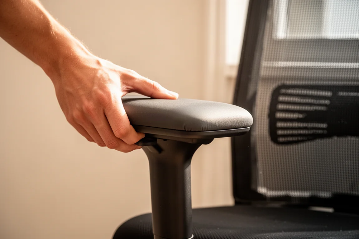 Close-up of a hand adjusting an office chair armrest height