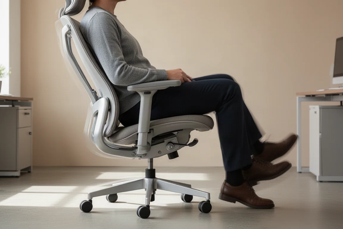 Person reclining in an ergonomic office chair with a smooth tilt motion