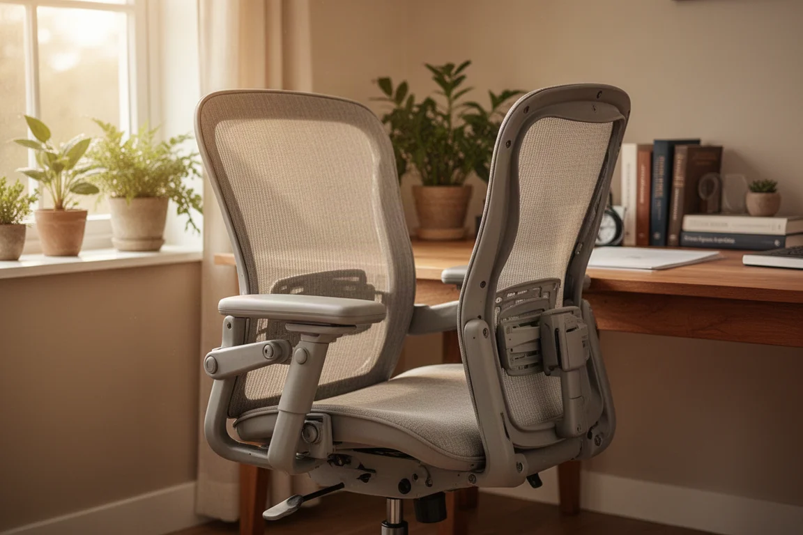 Office chair with adjustable armrests and mesh back in a home office setting