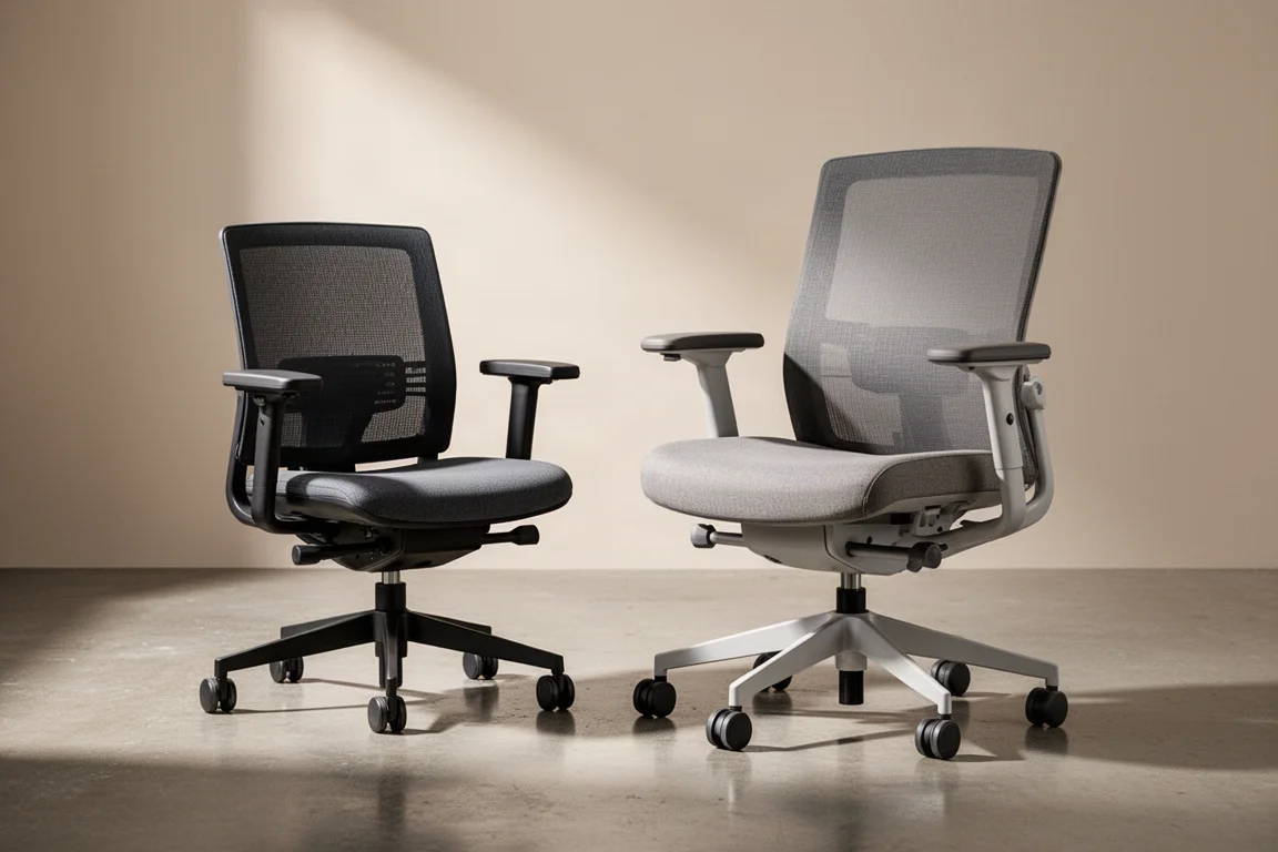 Steelcase Bodie and Zillow office chairs side by side on concrete floor
