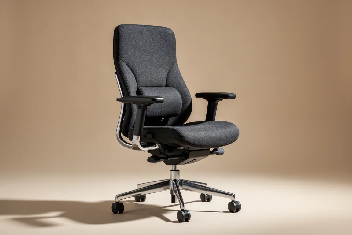 Silla de oficina ergonómica moderna con respaldo de malla en una oficina en casa luminosa