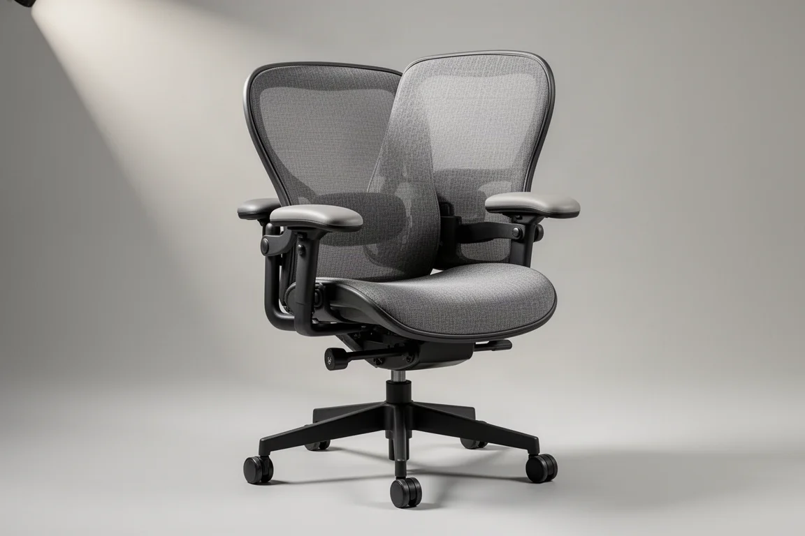 Steelcase Bodie and Zillow office chairs side by side on concrete floor