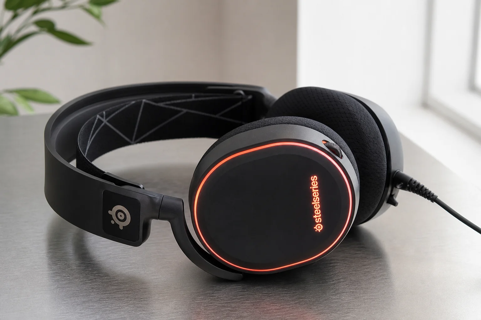 Quatre casques gaming alignés sur une surface en béton