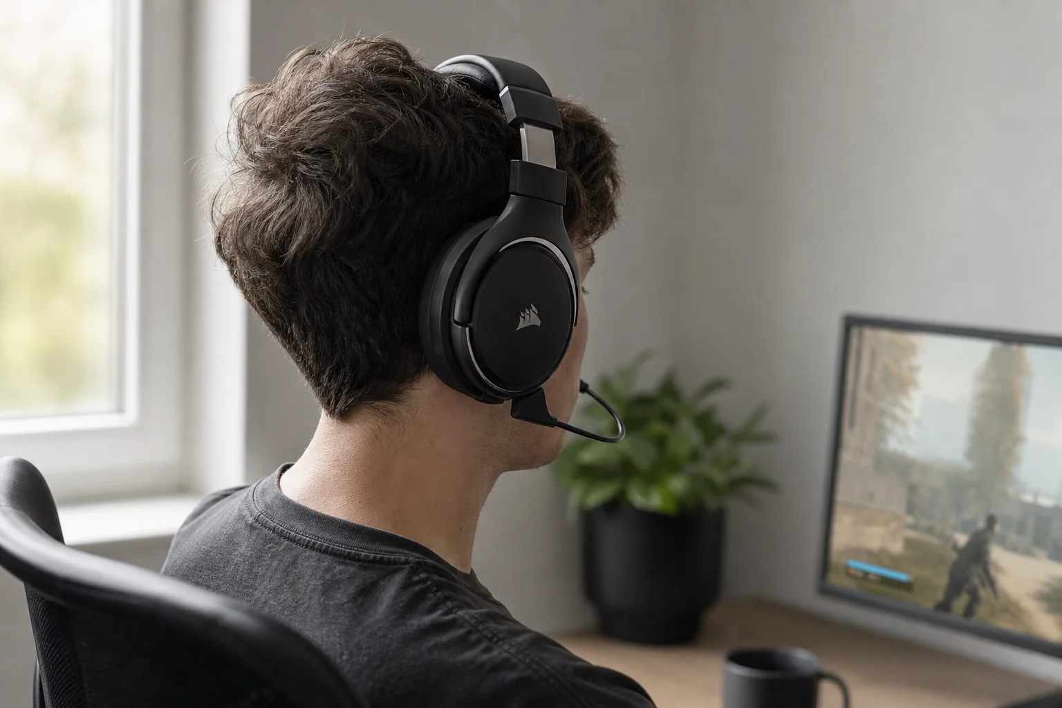 Person wearing gaming headset showing comfortable fit during extended use