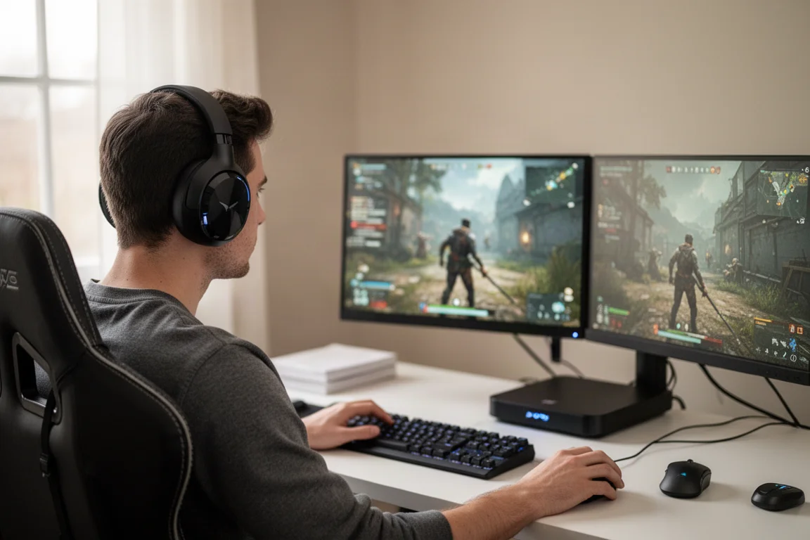 Gamer wearing a wireless headset at a desk with a base station and dual monitors