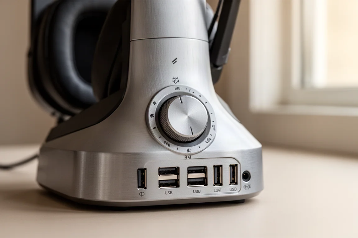 Close-up of a headset base station with a volume dial and USB connections