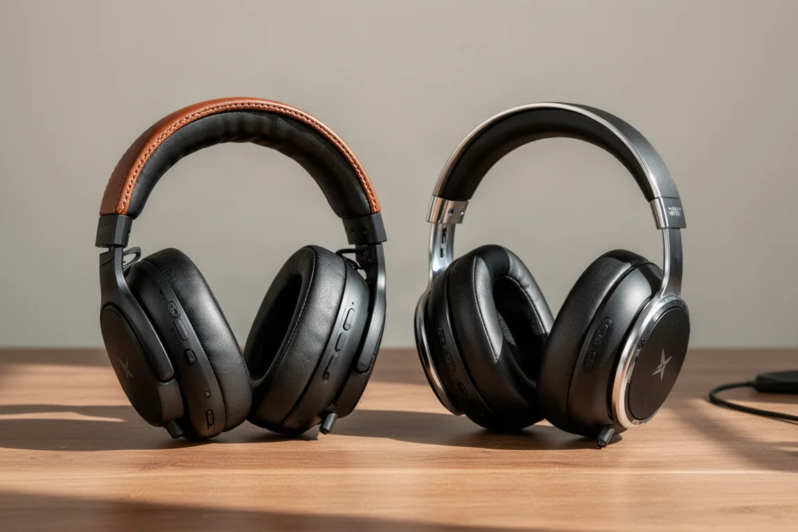 Side-by-side comparison of two wireless gaming headsets on a desk