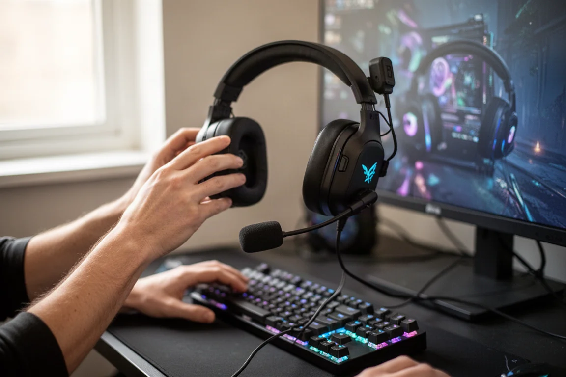 Gamer adjusting a headset microphone boom arm at a desk setup