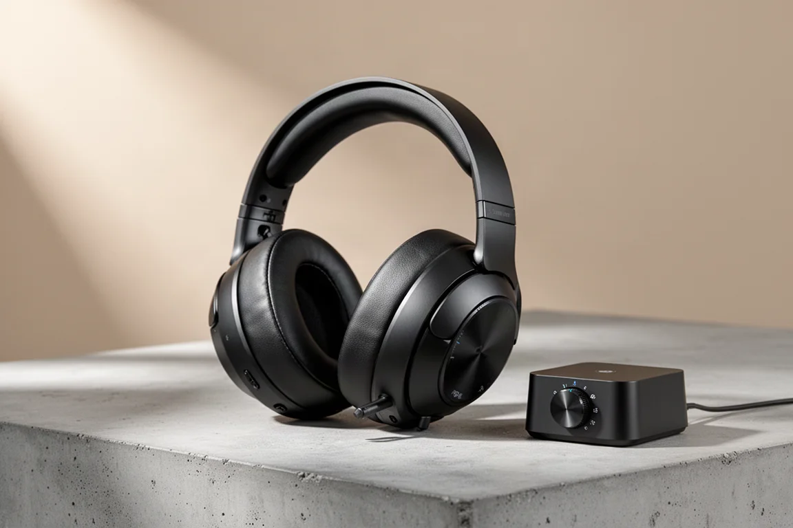 SteelSeries Arctis Nova Pro OMNI trådlöst gaming-headset med basstation på betongyta