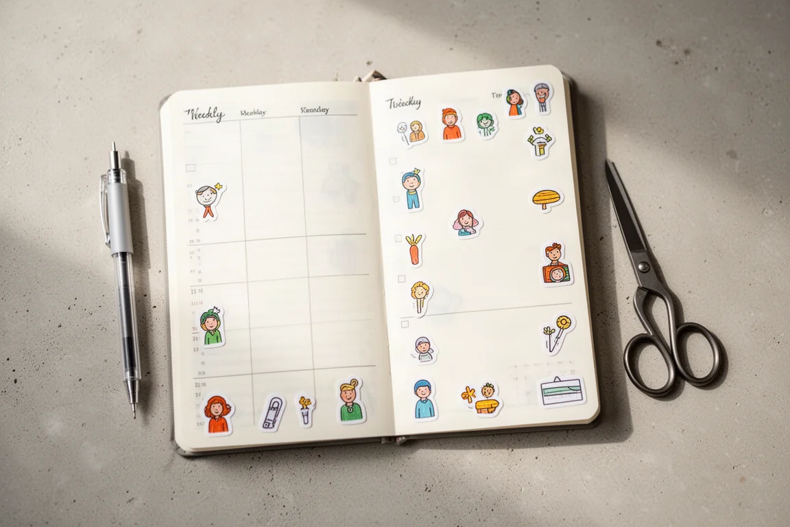 Weekspread met kleurrijke stickers en handgetekende iconen