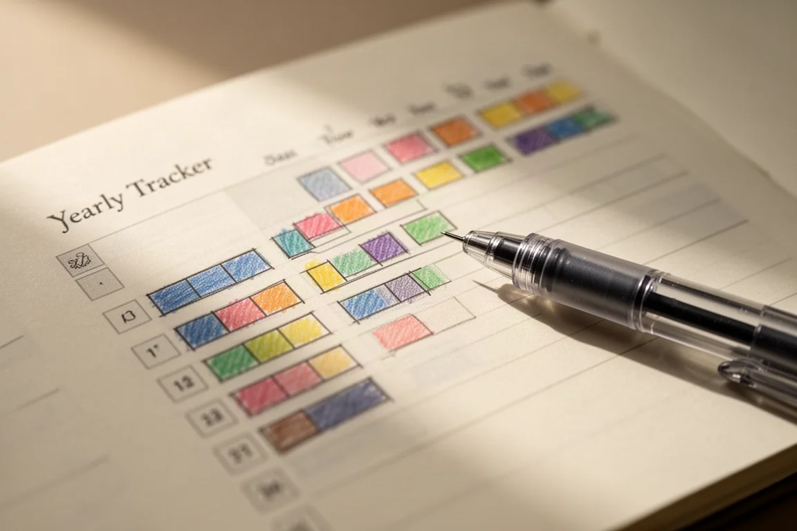 Jaarlijkse tracker-grid met kleine ingevulde vakjes verspreid over meerdere maanden
