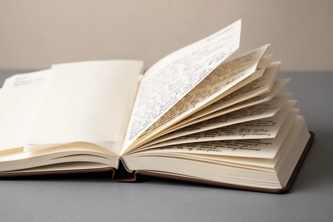 Dikke stapel lege notitiepagina's met handgeschreven journaalfragmenten