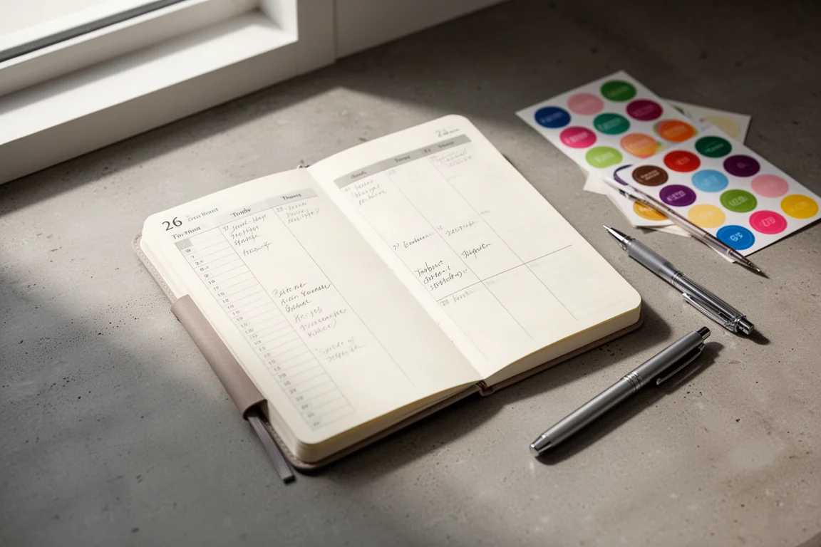 Planner B6 aperto con settimanale verticale accanto a sticker e una penna