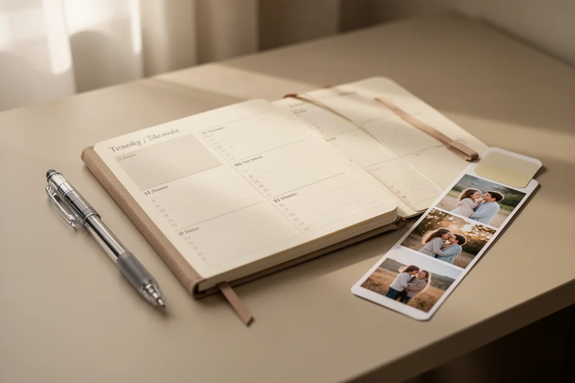 Kleiner A6-Hardcover-Planer, aufgeschlagen auf einer Journaling-Seite neben einem Gelstift