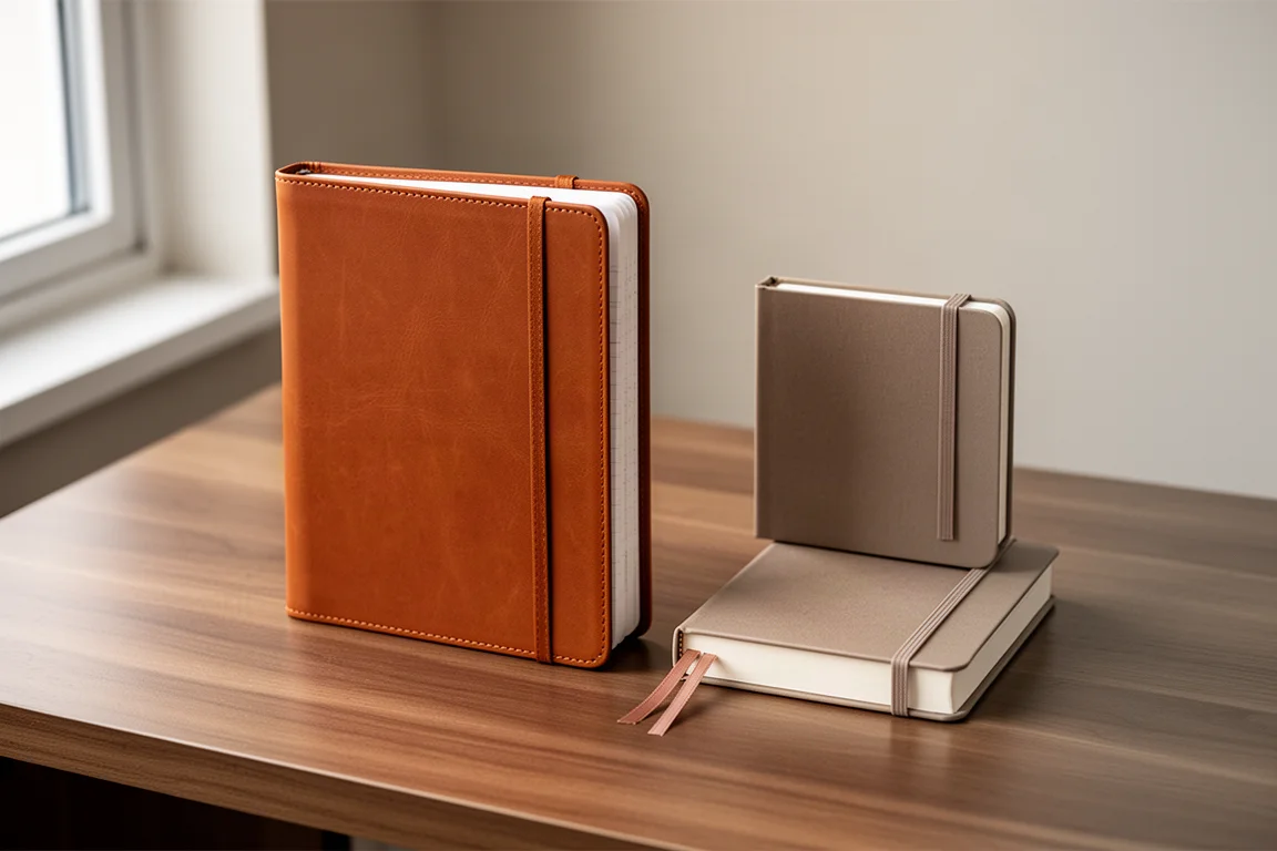 Planner B6 color caramello e planner A6 più piccolo in rilegatura rigida affiancati su una scrivania di legno