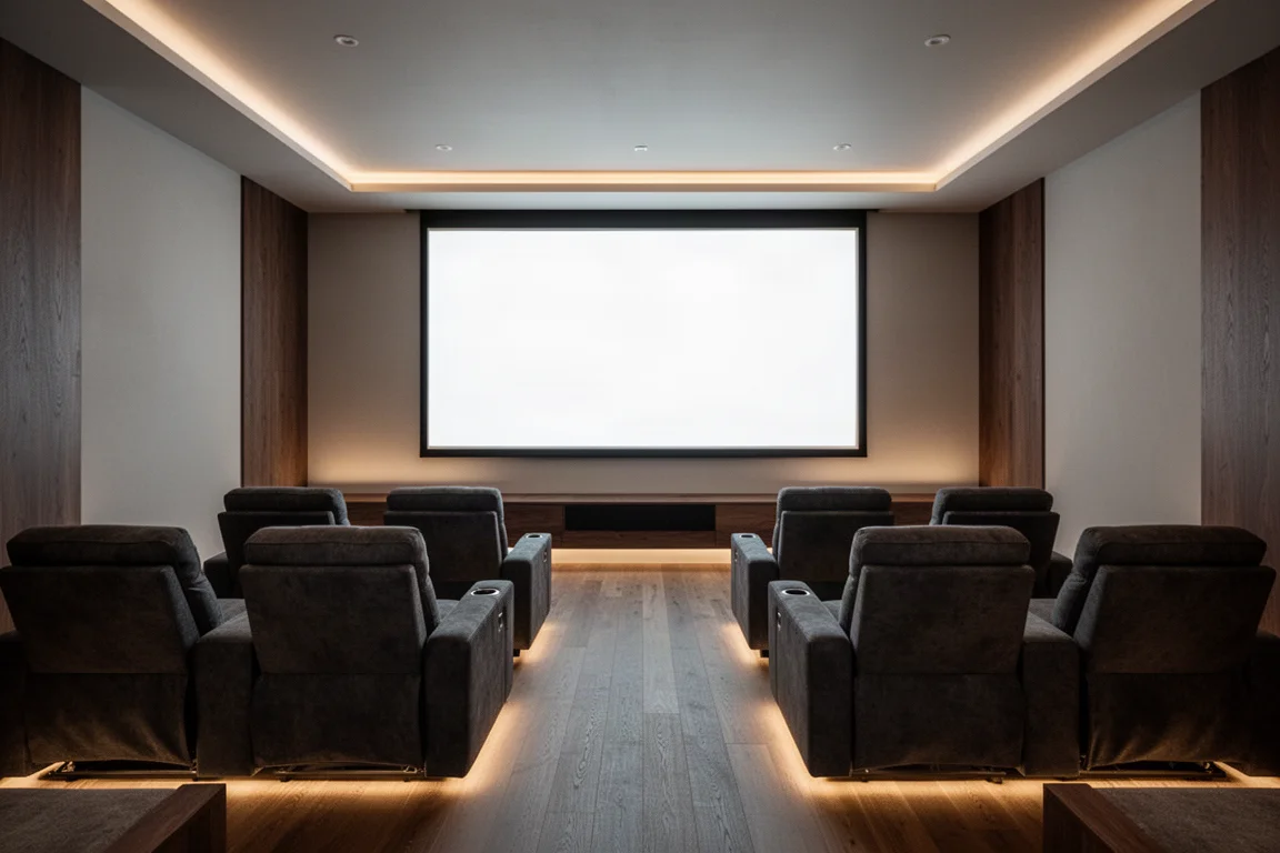 Dedicated home theater room seen from the back row with a large blank projection screen