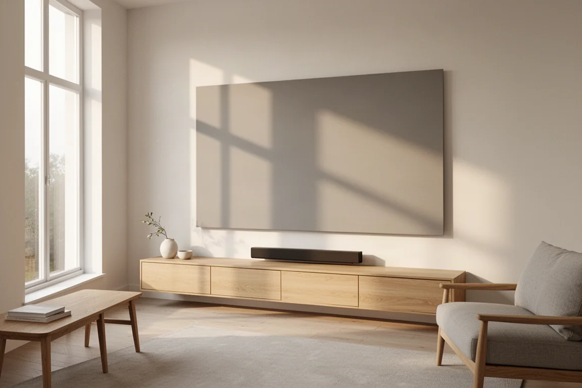 Bright living room with daylight and a wall-mounted projection screen above a media console