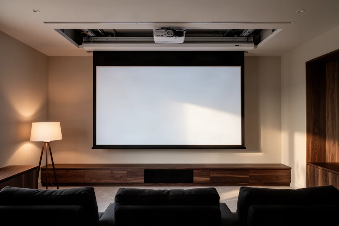 Motorized projection screen descending from a ceiling recess into a finished media room