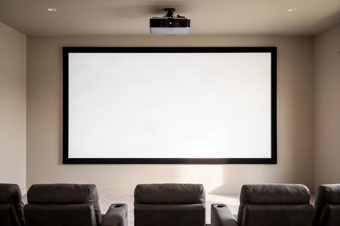 Home theater front wall with a large fixed-frame projection screen and ceiling-mounted projector