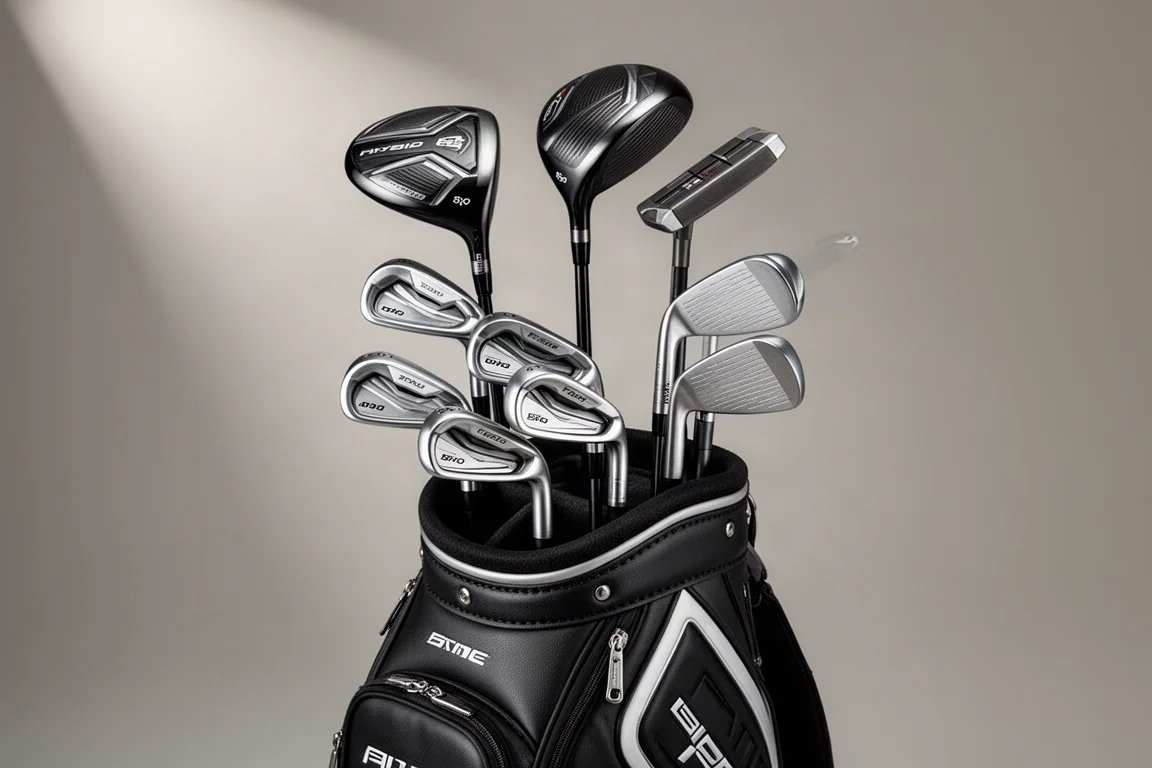 Complete package golf set next to a curated set of individual clubs on concrete surface