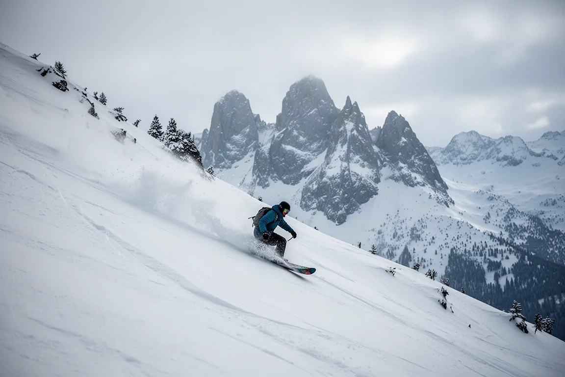 Snowboarder tnący stromy, wysokoalpejski stok powyżej granicy lasu po twardym śniegu