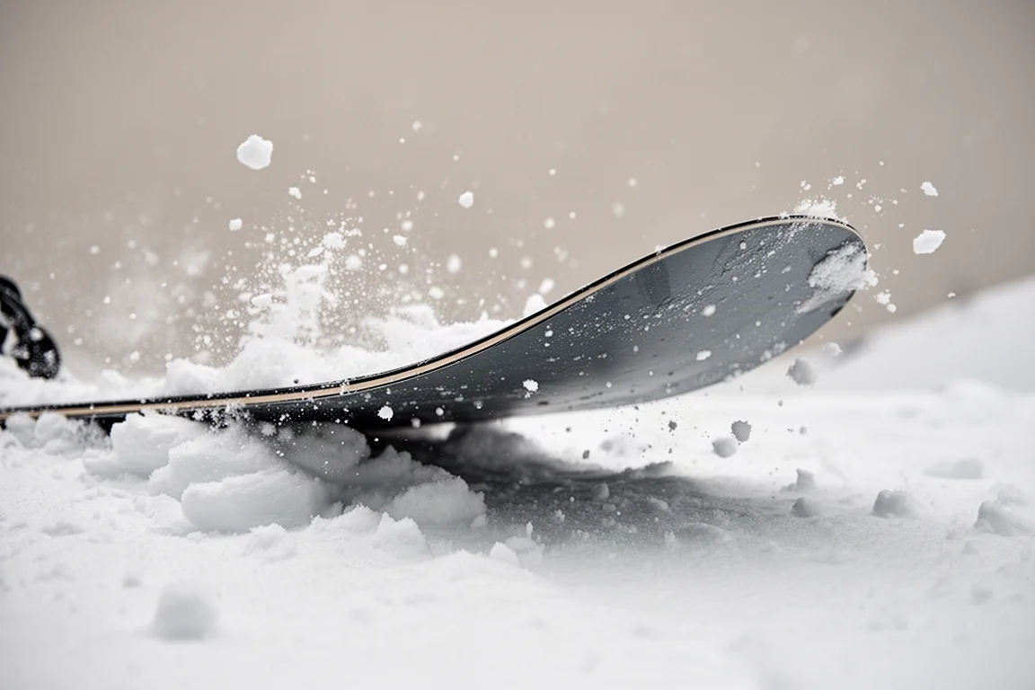 Zbliżenie na krawędź snowboardu przecinającą twardy, nierówny śnieg