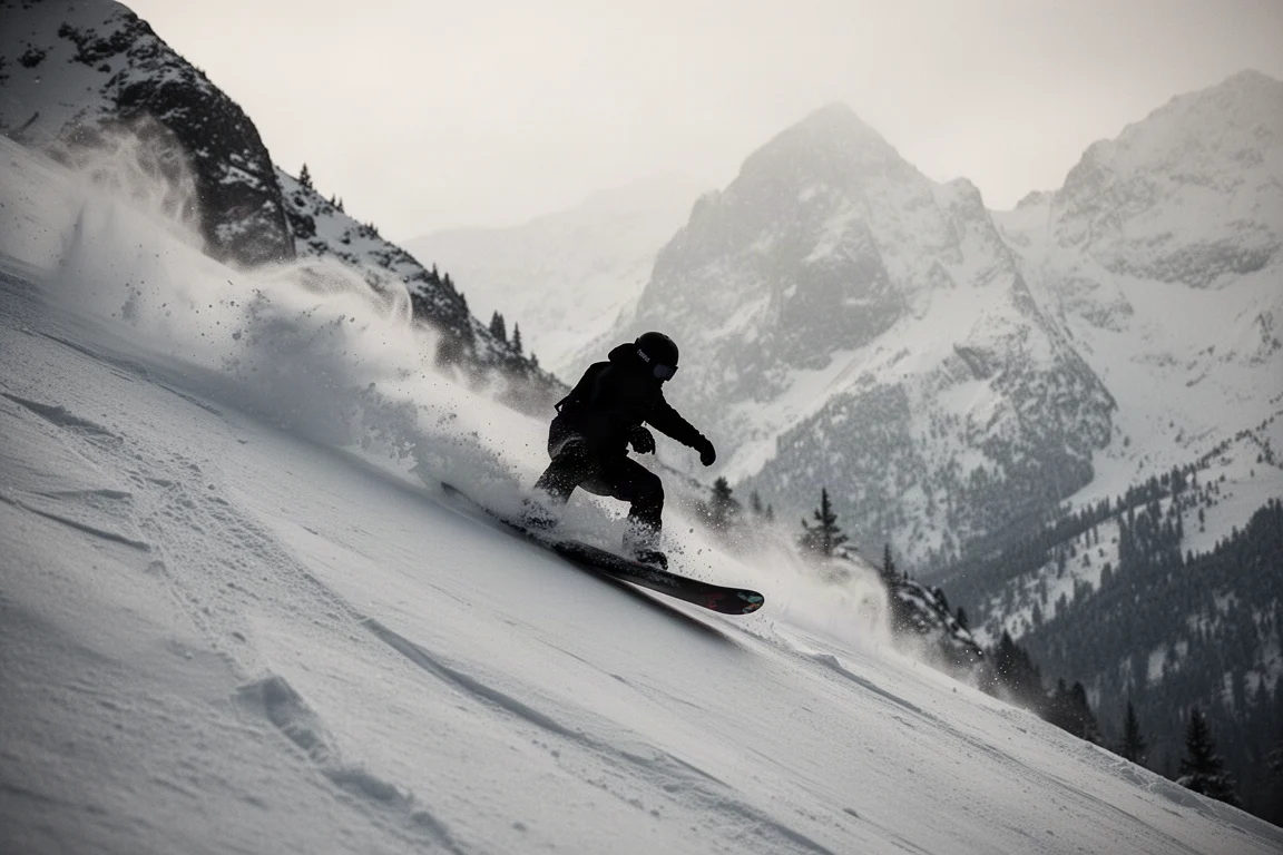 Snowboarder kierujący deskę prosto w dół stromego, puchowego stoku z pełną prędkością