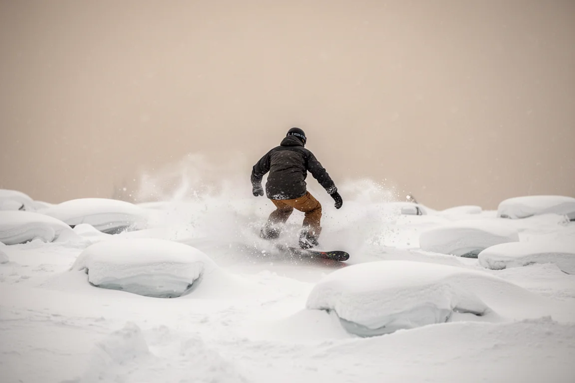 Snowboarder pompujący przez pole mul na agresywnej, twardo jadącej desce