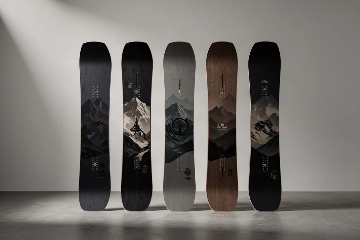 五塊硬調 Freeride 雪板在攝影棚內成一排直立展示