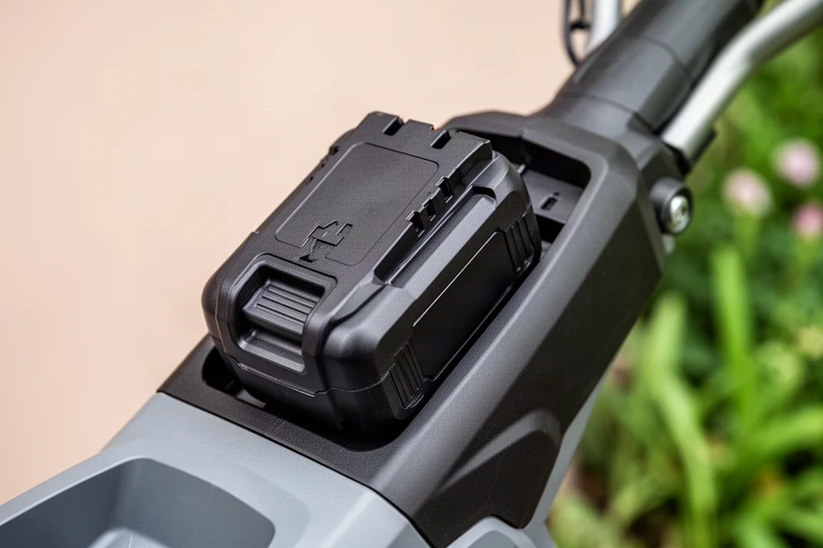 Robusto pacco batteria da 36V che scorre nell'alloggiamento di un attrezzo da giardino a batteria