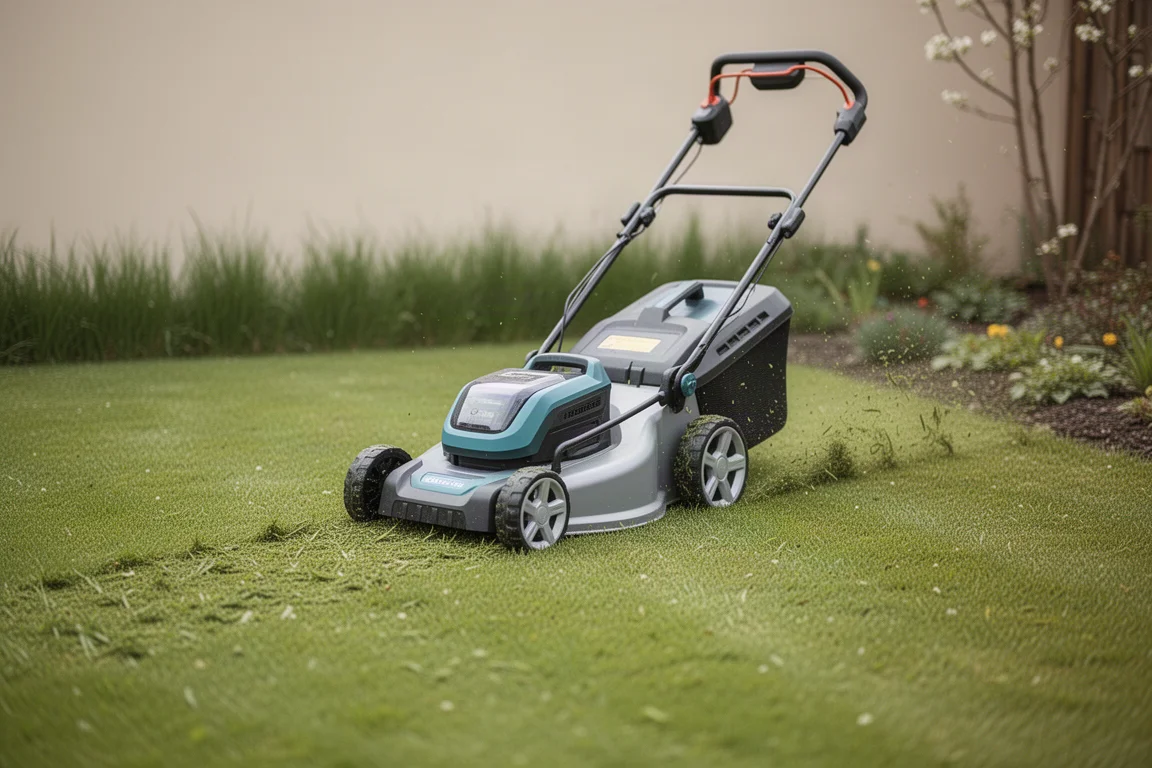 Rasaerba compatto a batteria che taglia l'erba su un piccolo prato di giardino