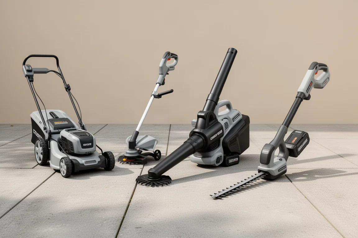 Four Stihl AK cordless garden tools lined up on a concrete patio