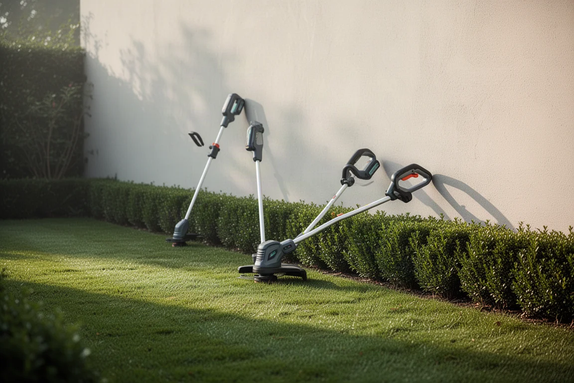 Roçadeira a bateria apoiada em um muro de jardim sob luz suave do dia