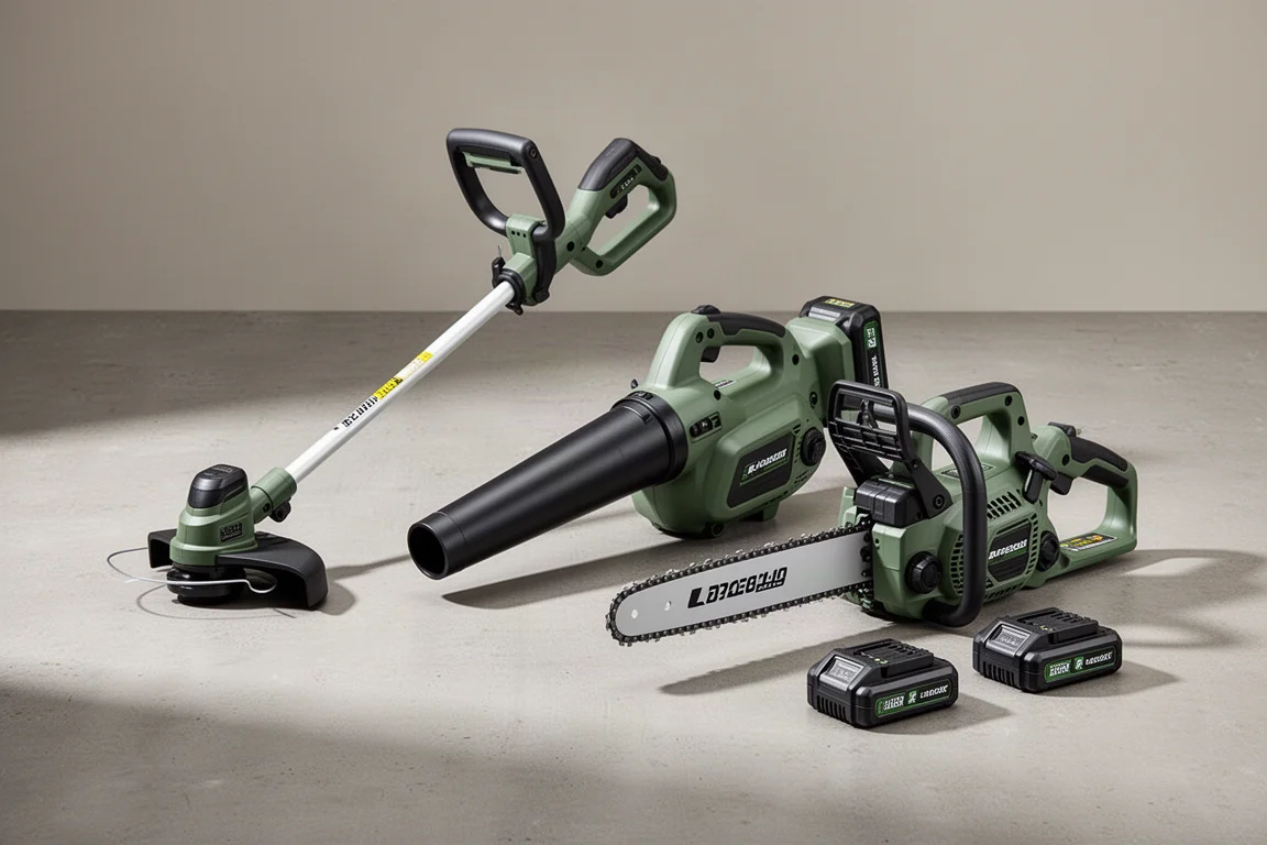 Cordless outdoor power tools and battery packs arranged on a concrete surface