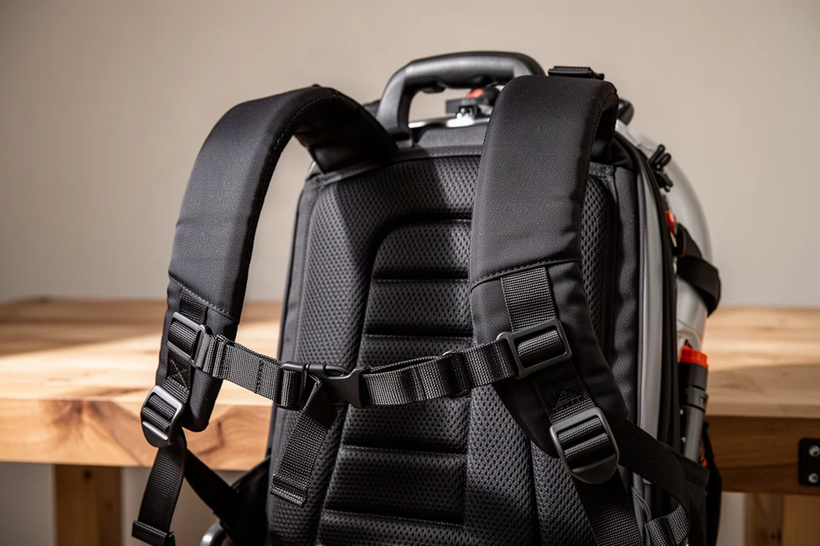 Correas acolchadas para los hombros y almohadilla dorsal de un soplador de mochila apoyados en un banco de trabajo