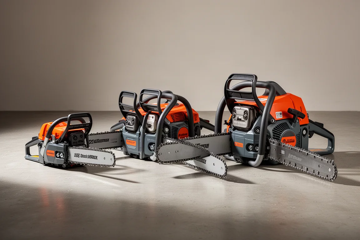 Four Stihl chainsaws of increasing size lined up on a concrete surface