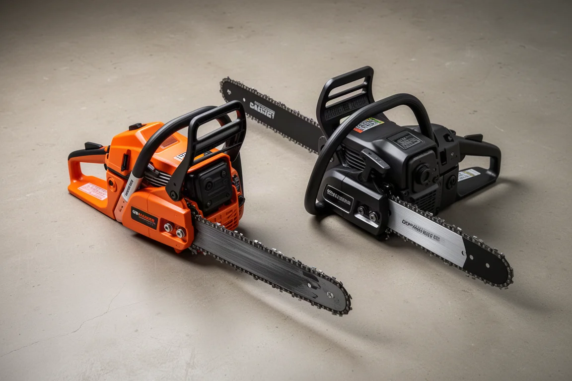 Duas motosserras lado a lado para comparação sobre um piso de concreto