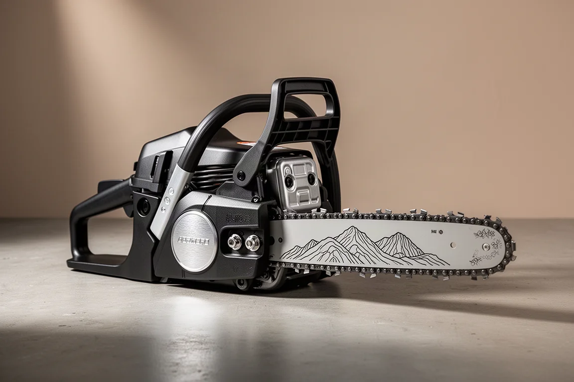 Matte black Stihl MS500i Centennial Edition chainsaw with aluminum covers on concrete