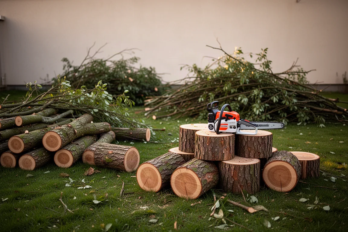Trädgårdsstädning med stormskadade grenar sågade till korta bitar på gräsmattan