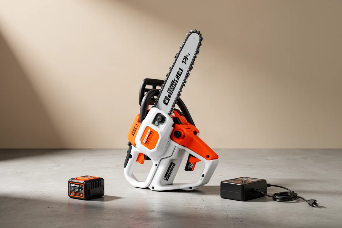 Compact Stihl MSA 120 C battery chainsaw on a concrete surface with battery and charger