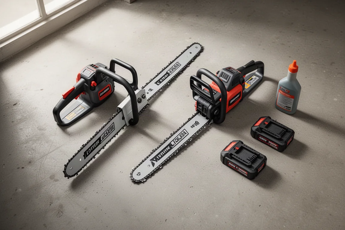 Two battery chainsaws side by side on a workshop surface with their batteries removed