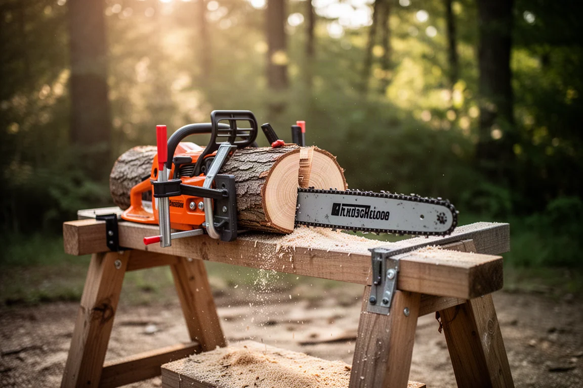 Chainsaw cutting a small log on a sawhorse outdoors
