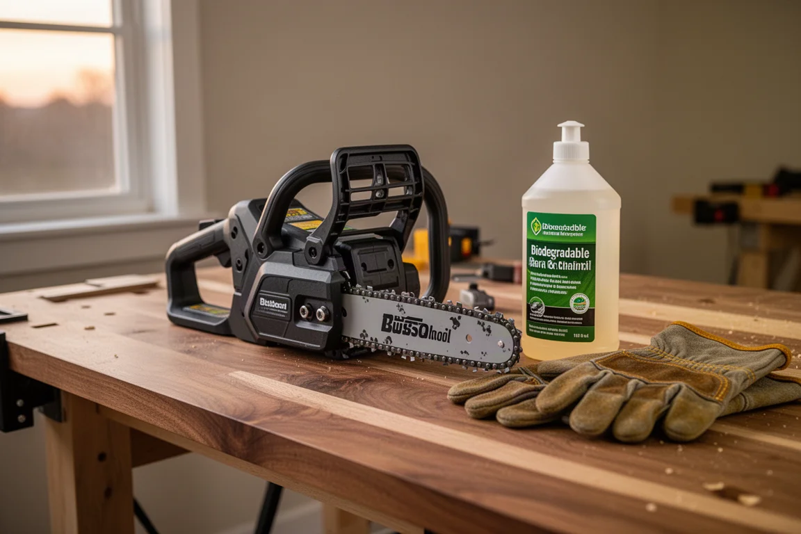 Cordless chainsaw resting on a workbench next to bar oil and gloves