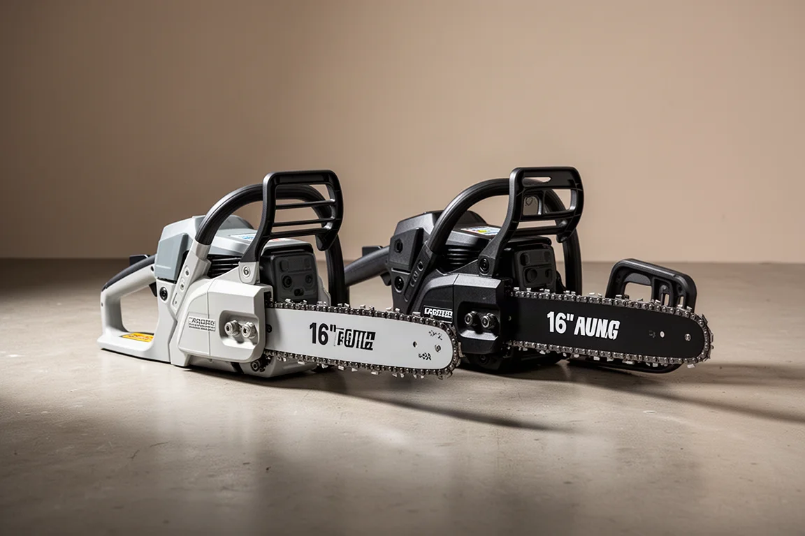 Two battery chainsaws side by side on a concrete workshop floor